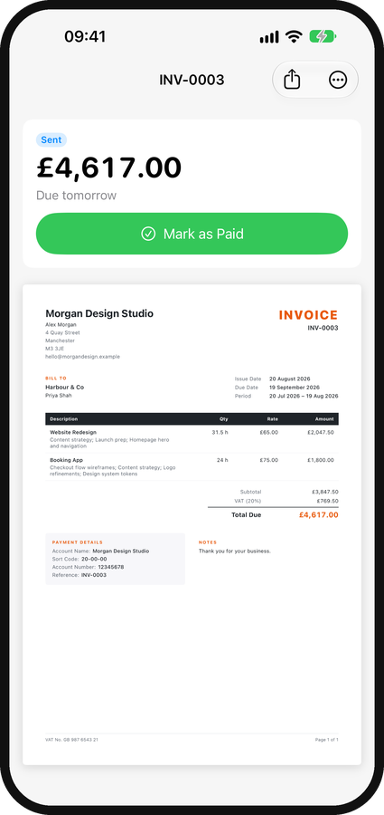 An invoice in Clockmint showing the total due and a PDF preview