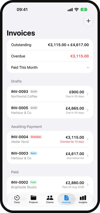 Clockmint's invoice list with drafts, sent and paid invoices