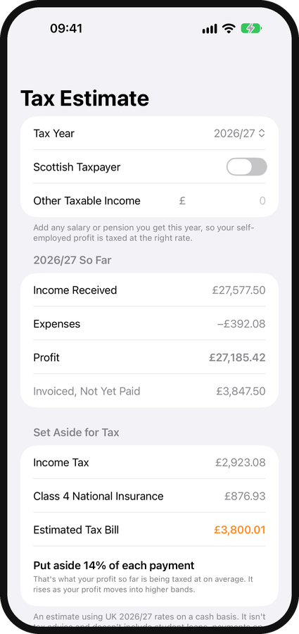 Clockmint's tax estimate showing what to set aside