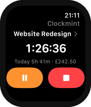 Clockmint on Apple Watch with pause and stop buttons